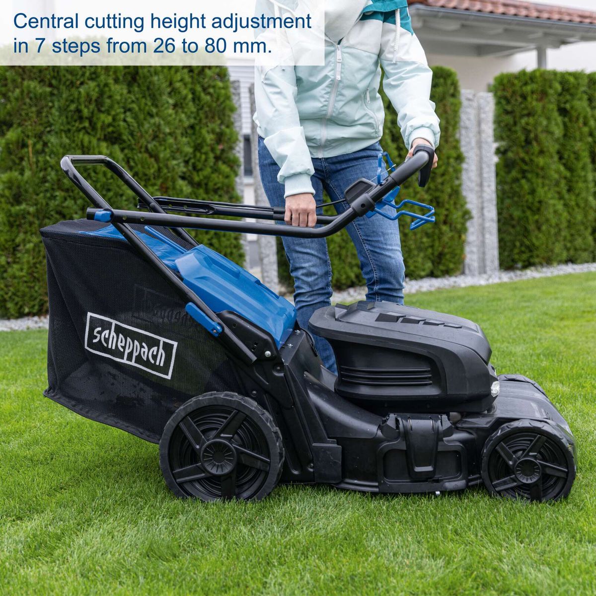Scheppach battery lawnmower with central cutting height adjustment (26–80 mm)