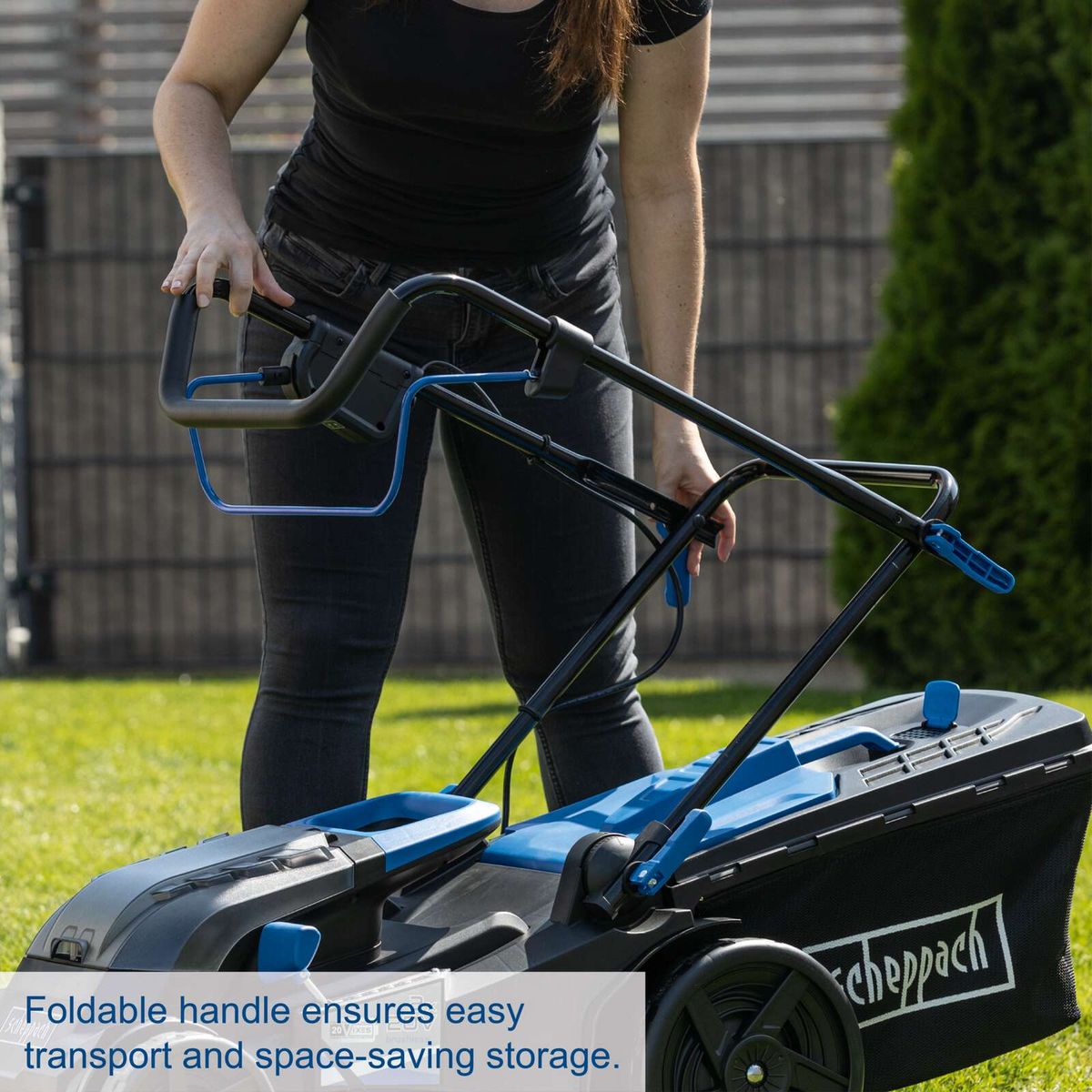 Foldable handle for easy transport and space-saving storage of Scheppach cordless lawnmower