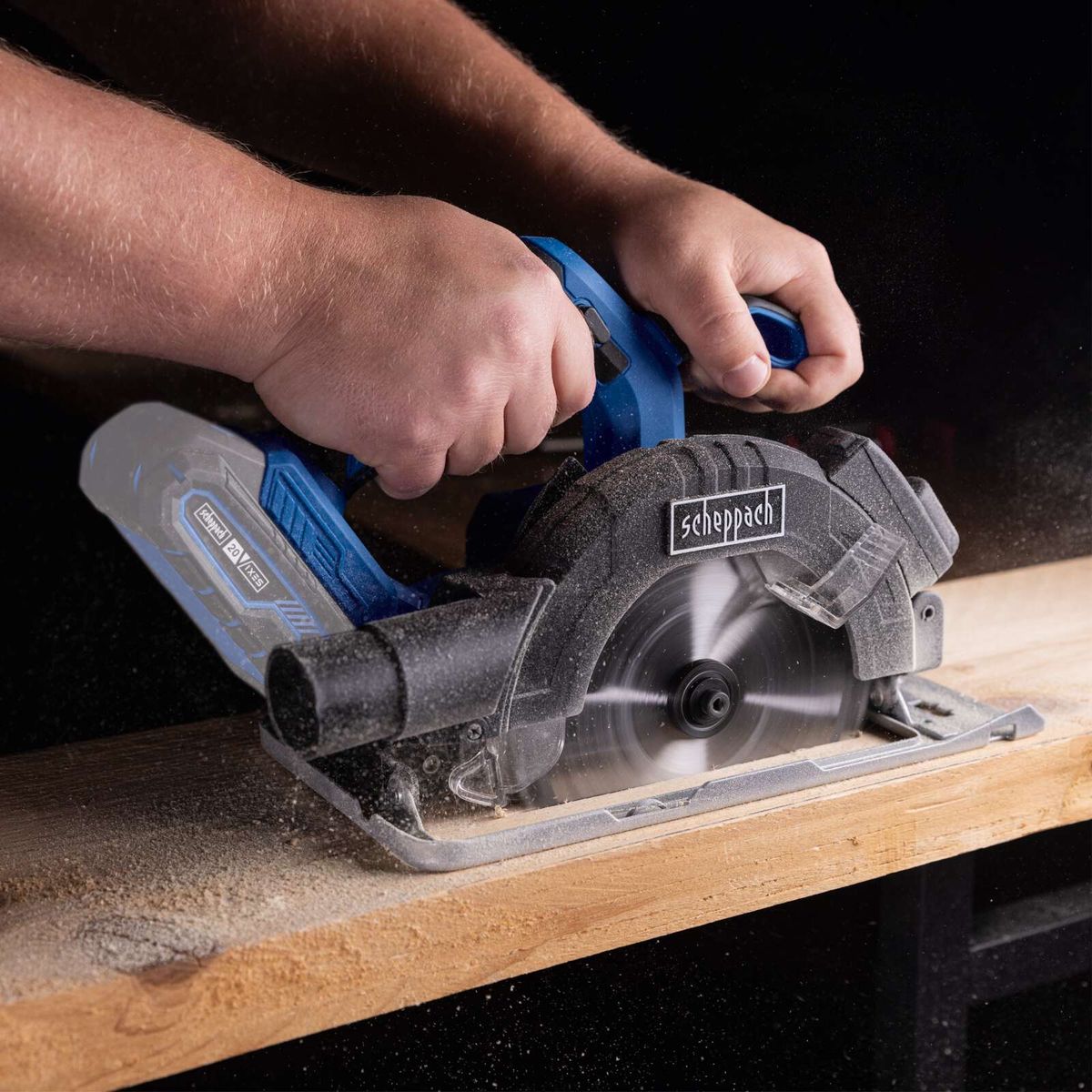 Cordless circular saw with blade, displaying LED feature and maximum cutting depth