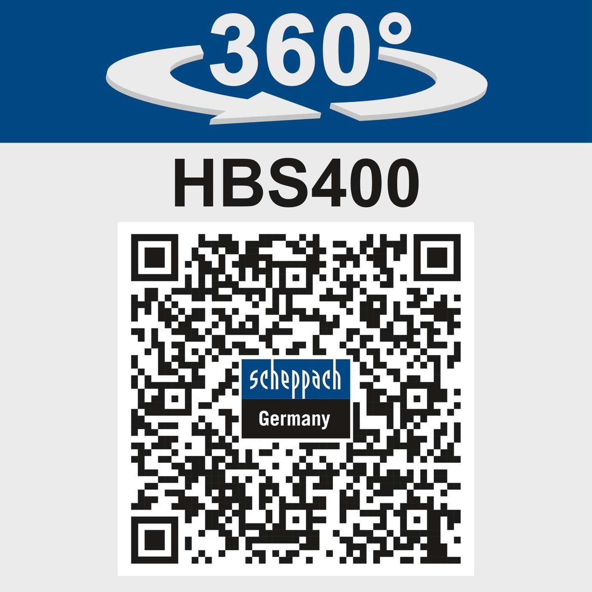 HBS400 bandsaw featuring 360° adjustable work area with QR code linking to Scheppach product details