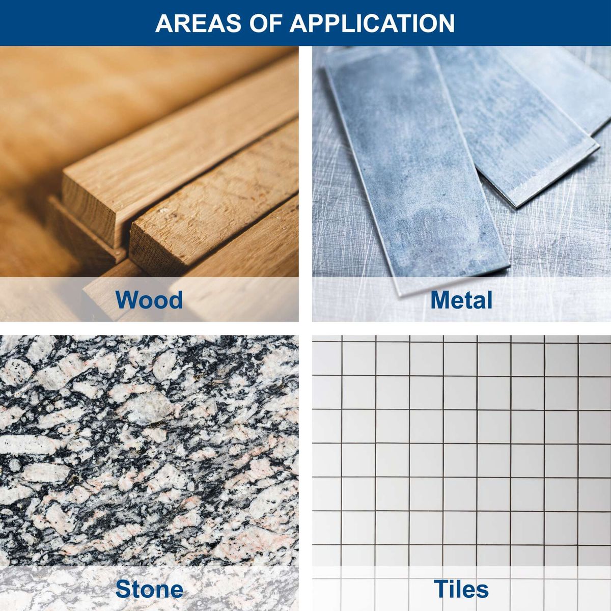Material categories for applications: Wood, Metal, Stone, Tiles