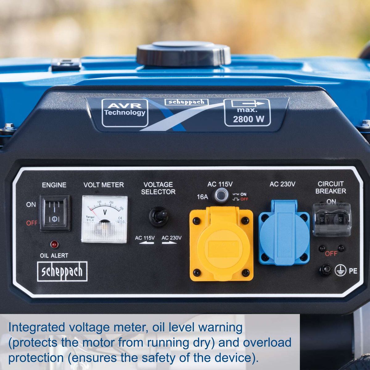 Generator with integrated voltage meter, oil level warning and overload protection for motor safety.