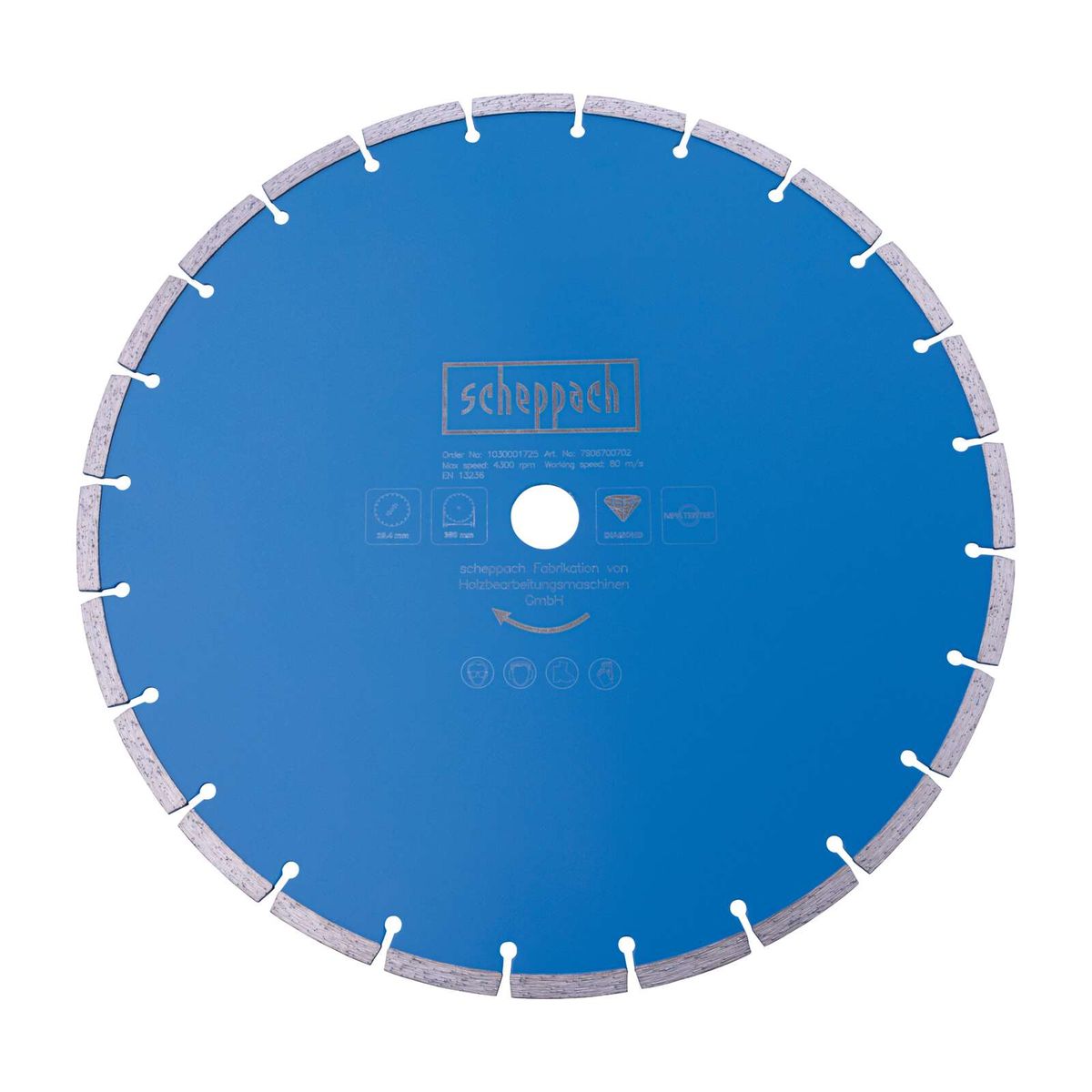 Scheppach diamond cutting disc, segmented, Ø 350 mm, featuring max speed and safety icons
