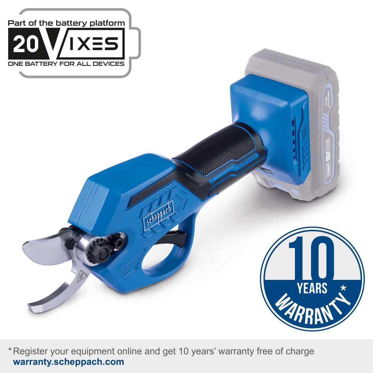 Scheppach cordless pruning shears with 10-year warranty, featuring a battery set and protective case