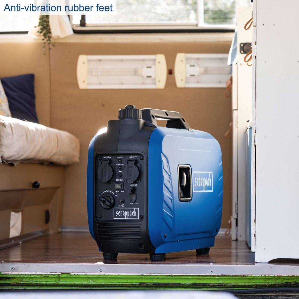 Inverter generator with anti-vibration rubber feet, featuring dual 230V sockets and USB outputs