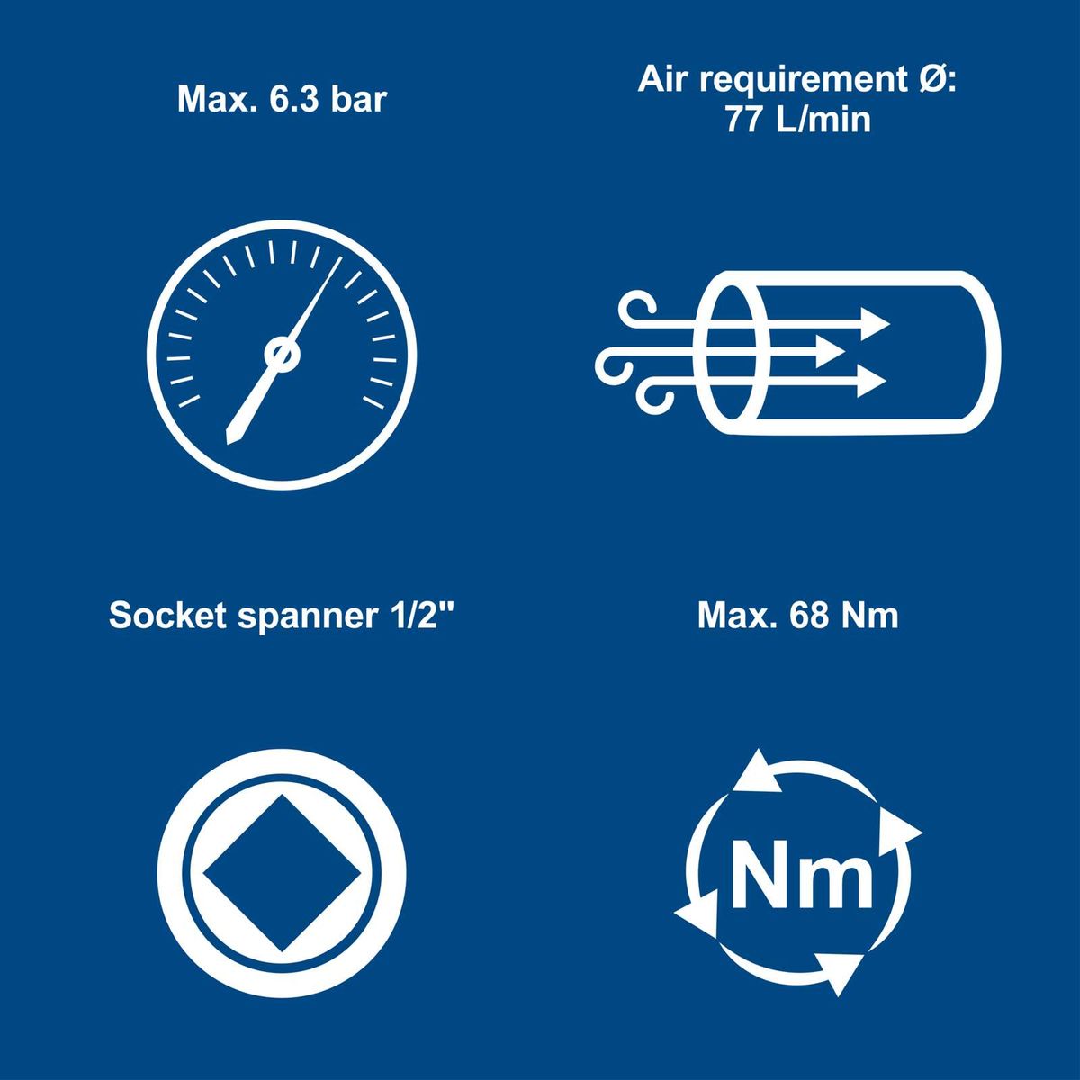 Key technical details for compressed air ratchet: max. 6.3 bar pressure, 77 L/min airflow, 1/2" socket, 68 Nm torque