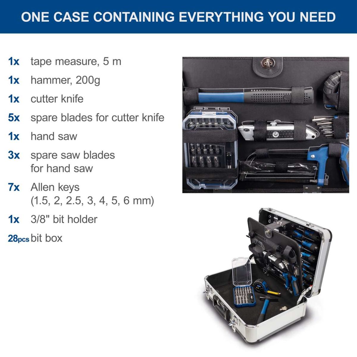 TB150 tool kit featuring contents: measuring tape, hammer, cutter knife, spare blades, hand saw, saw blades, Allen keys set, bit holder, and bit box