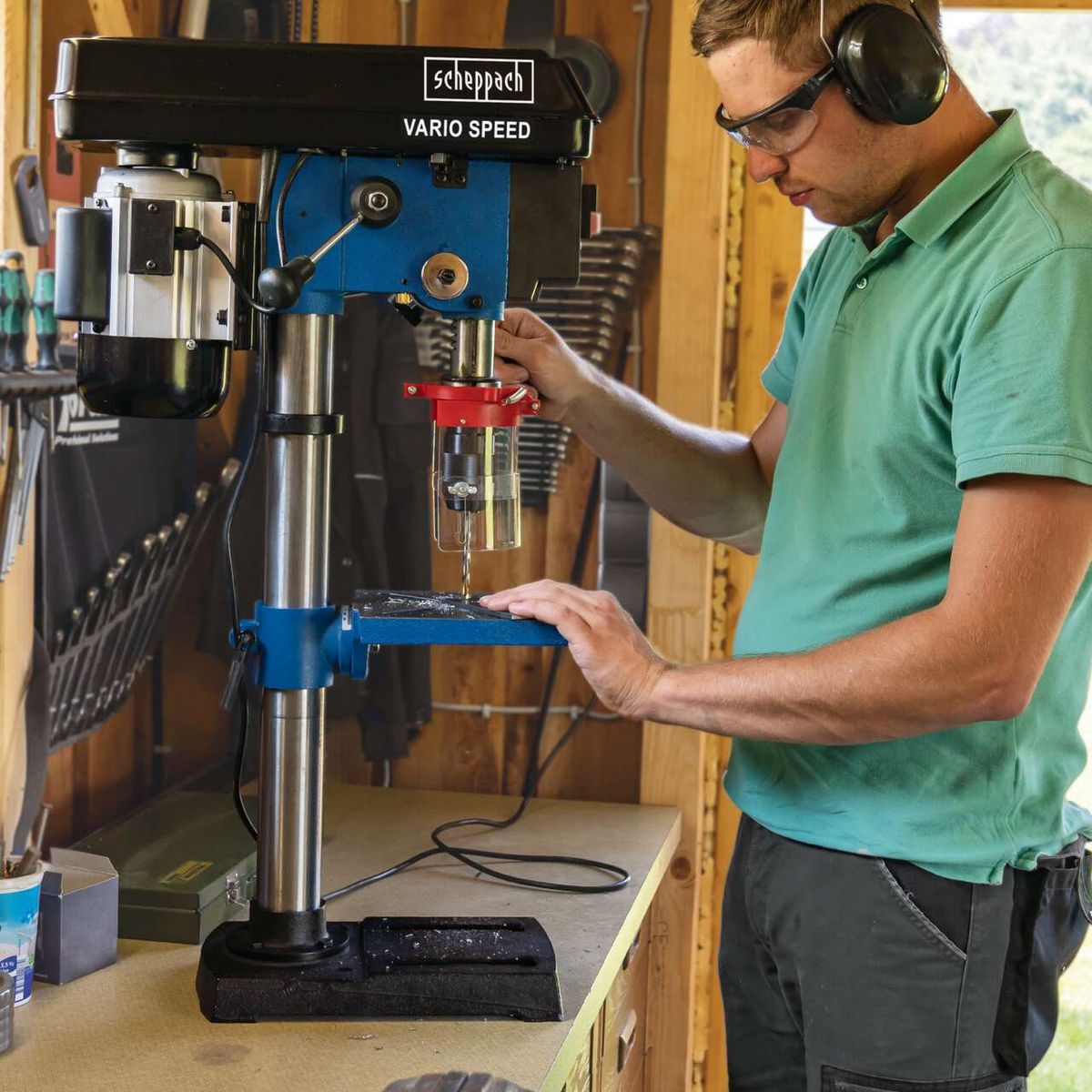 Scheppach bench pillar drill with variable speed and laser alignment, operational detail view