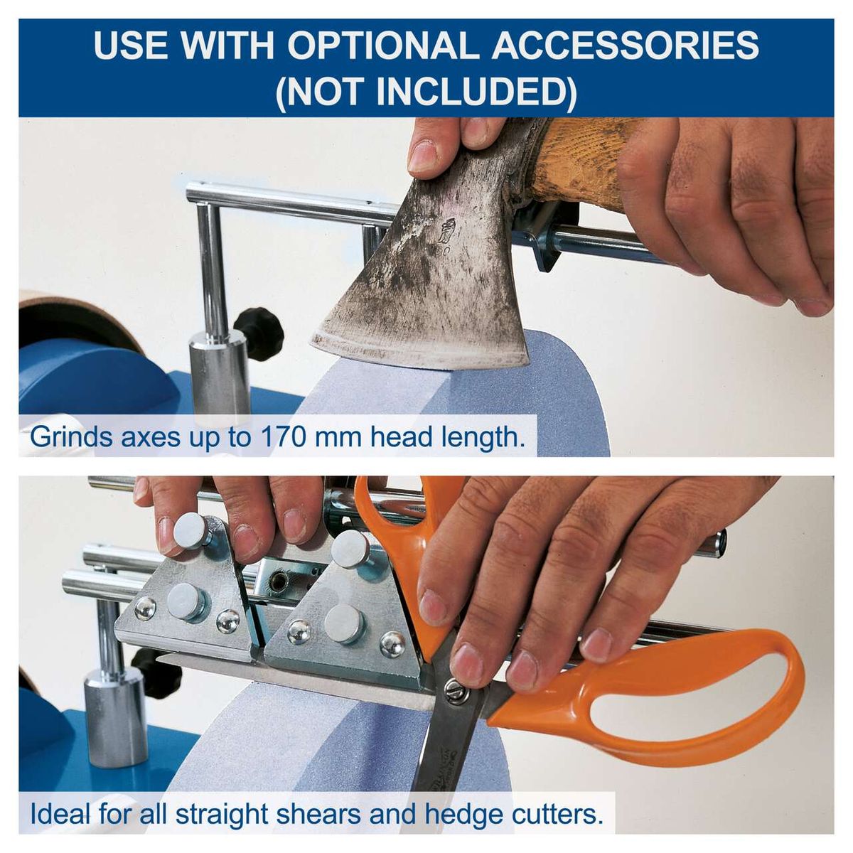 Scheppach wet grinding system showing axes up to 170 mm and shears for sharpening applications