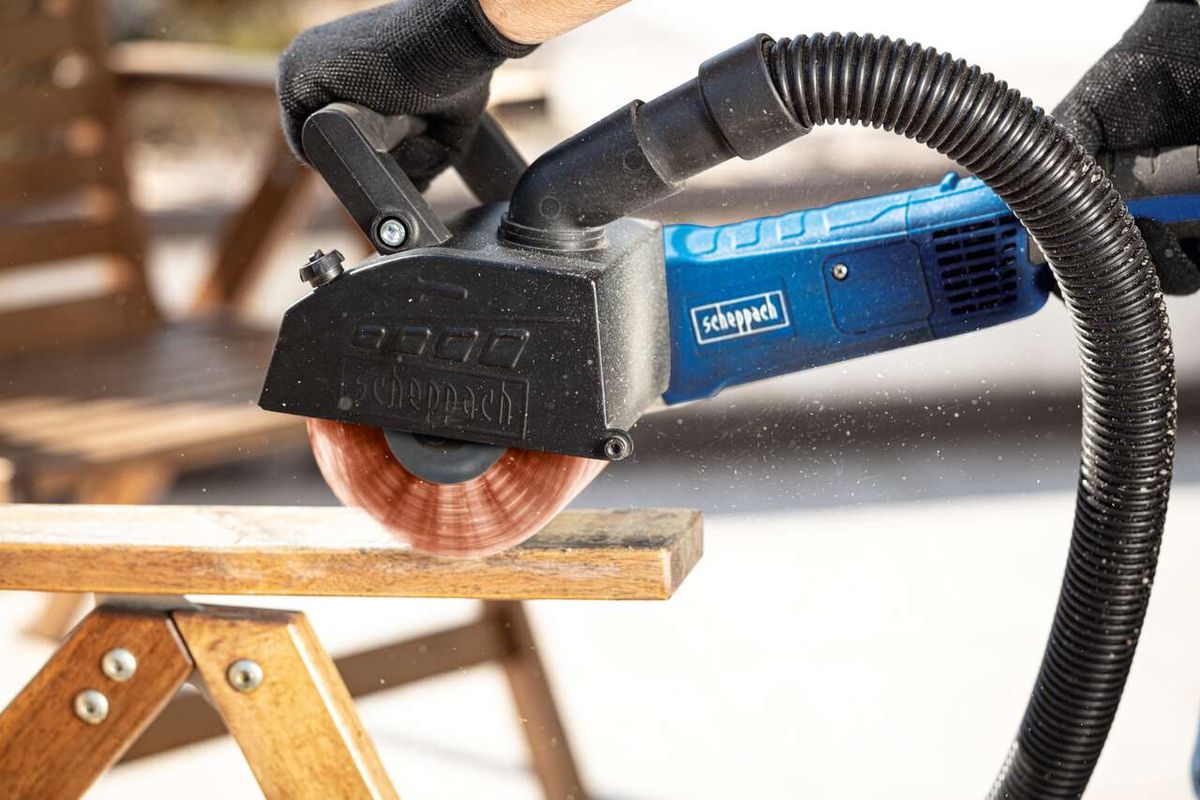 Scheppach Nylon wire wheel in use with a machine on wood