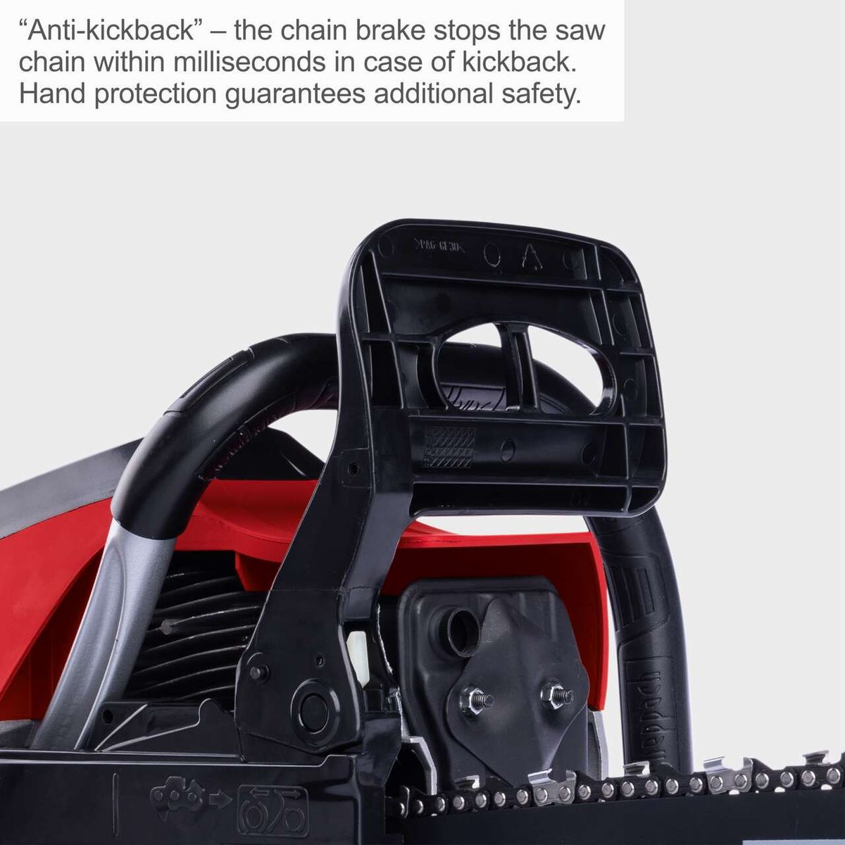 Scheppach chainsaw featuring anti-kickback braking system and hand protection for rapid chain stop