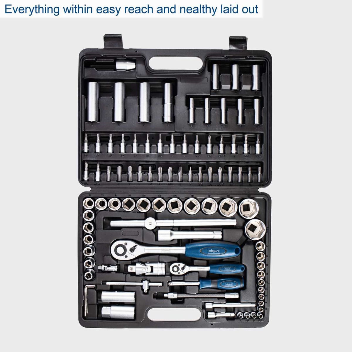 Scheppach TB94 tool kit case with 94-piece set: Organized socket sets, combination wrenches, ring spanners, adjustable wrenches, pliers, and other tools