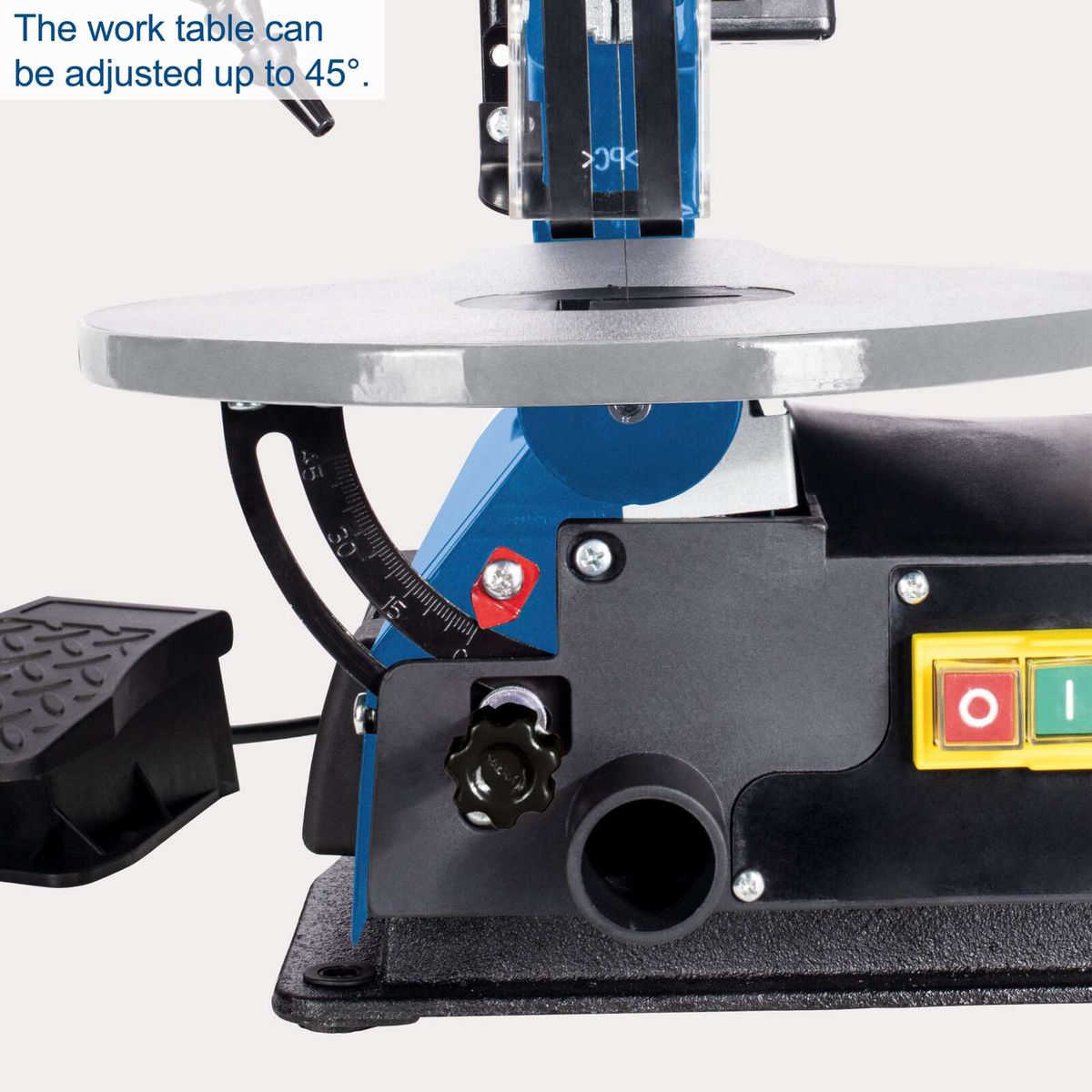 Adjustable worktable of scroll saw allowing tilt up to 45 degrees