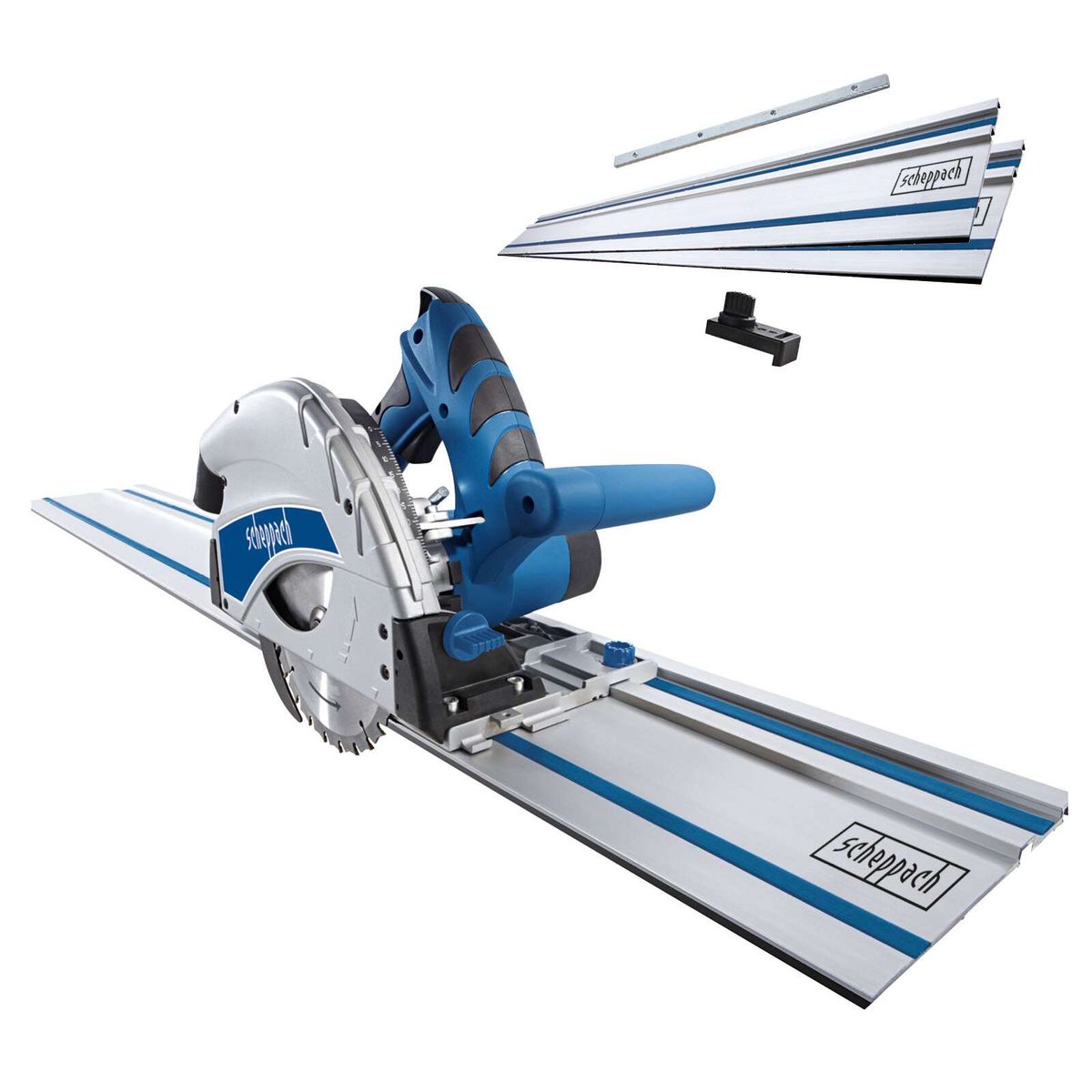 Plunge saw with track guide and sliding guide for accurate cuts