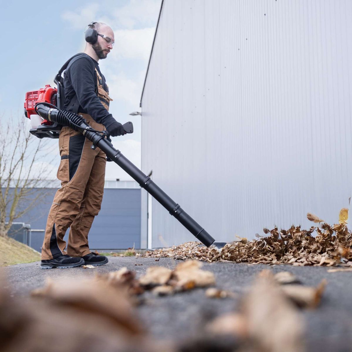 Person operating Scheppach leaf blower collecting leaves and debris