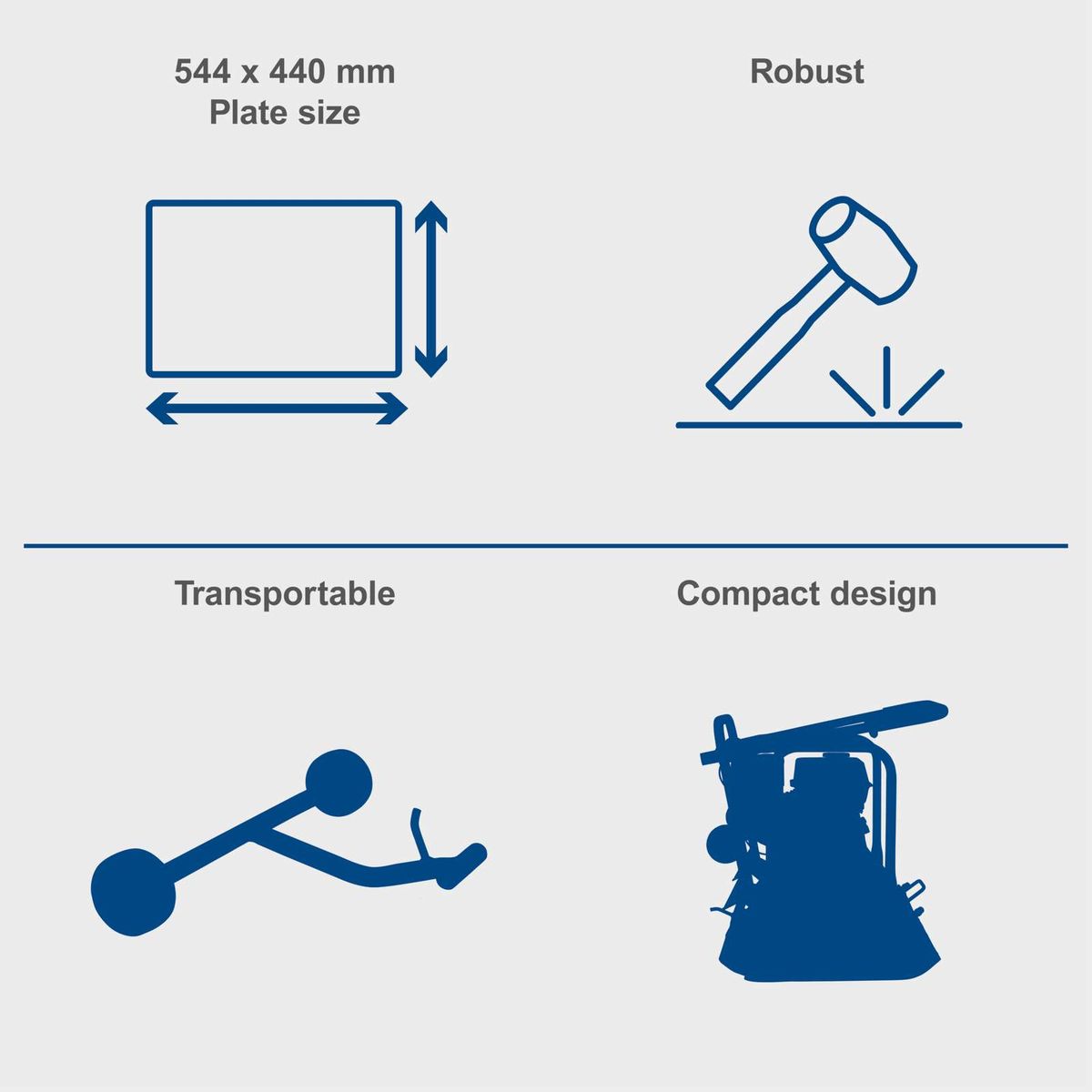 544 x 440 mm base plate, robust, compact and highly transportable design