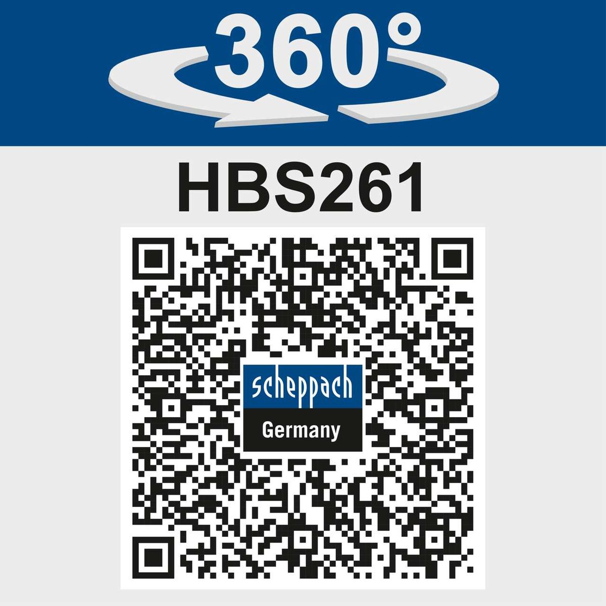 HBS261 bandsaw featuring 360° rotation with QR code for Scheppach product details