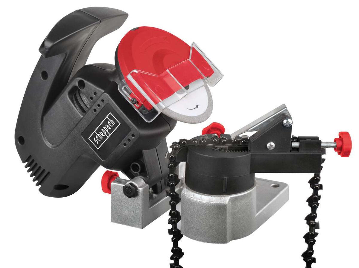 Scheppach chain sharpener with grinding wheel and bore attachment for precise chain sharpening