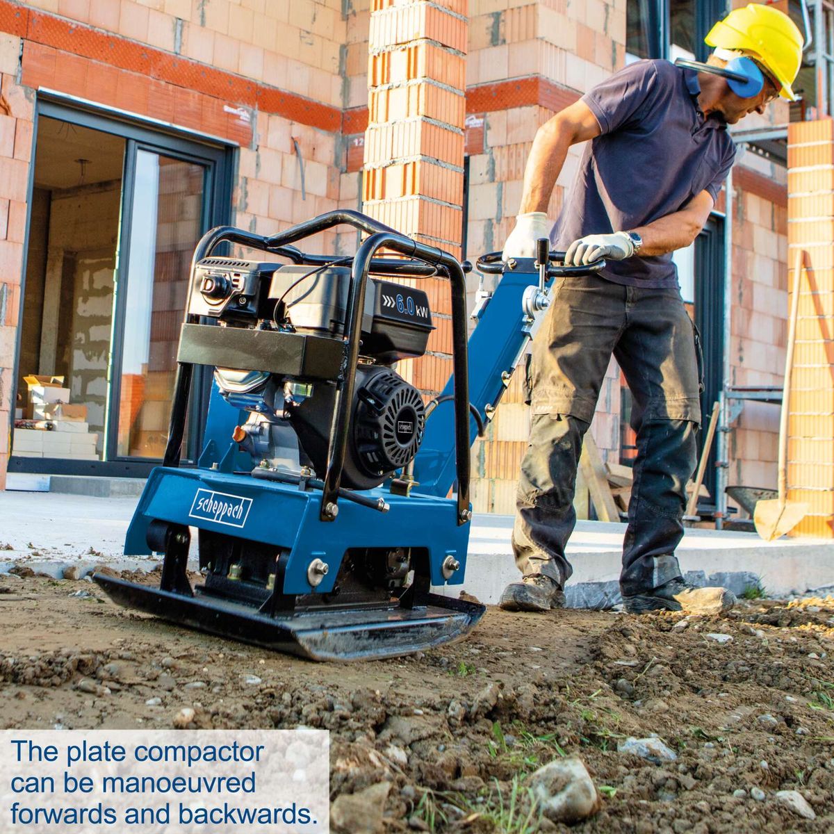 Scheppach plate compactor with maneuverable forward and backward movement