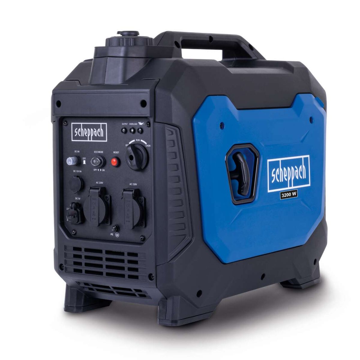 Scheppach inverter generator SG3500i, 3000W with control switch, overload and eco mode indicators