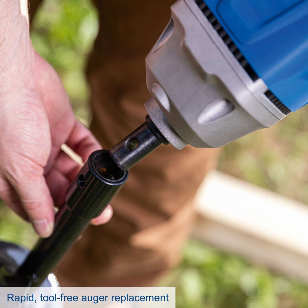 Rapid, tool-free auger replacement for cordless earth auger