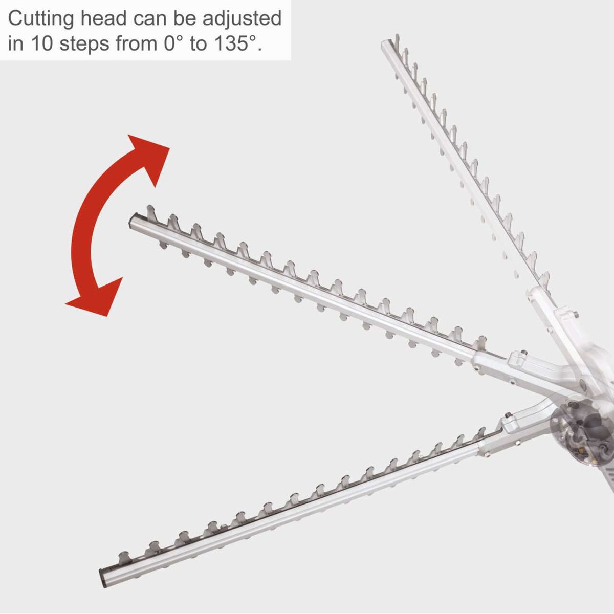 Adjustable cutting head for hedge trimmer with 10 position settings from 0° to 135°