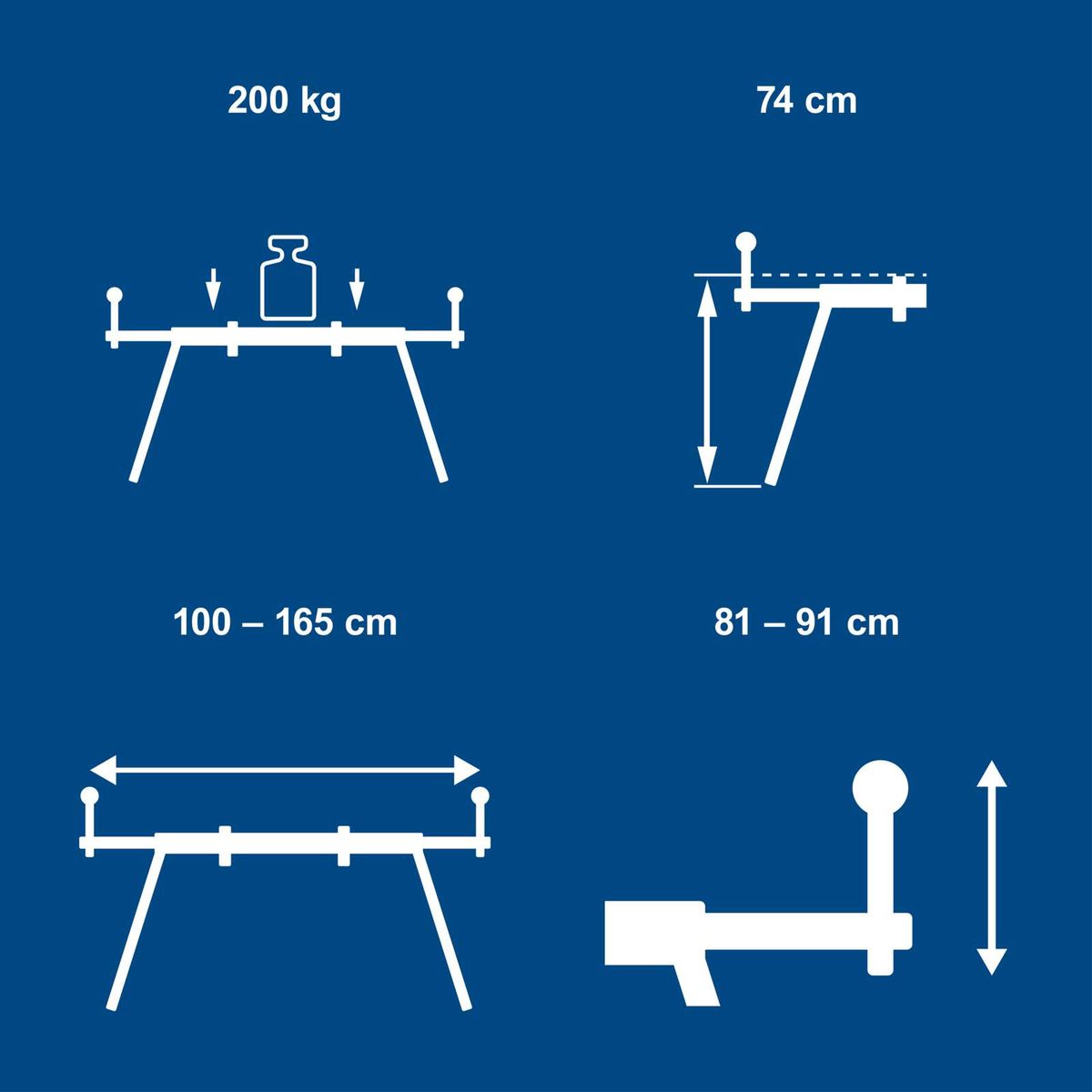 UMF1600 stand dimensions: max. 200 kg load capacity, height adjustment 74 cm, width 100–165 cm