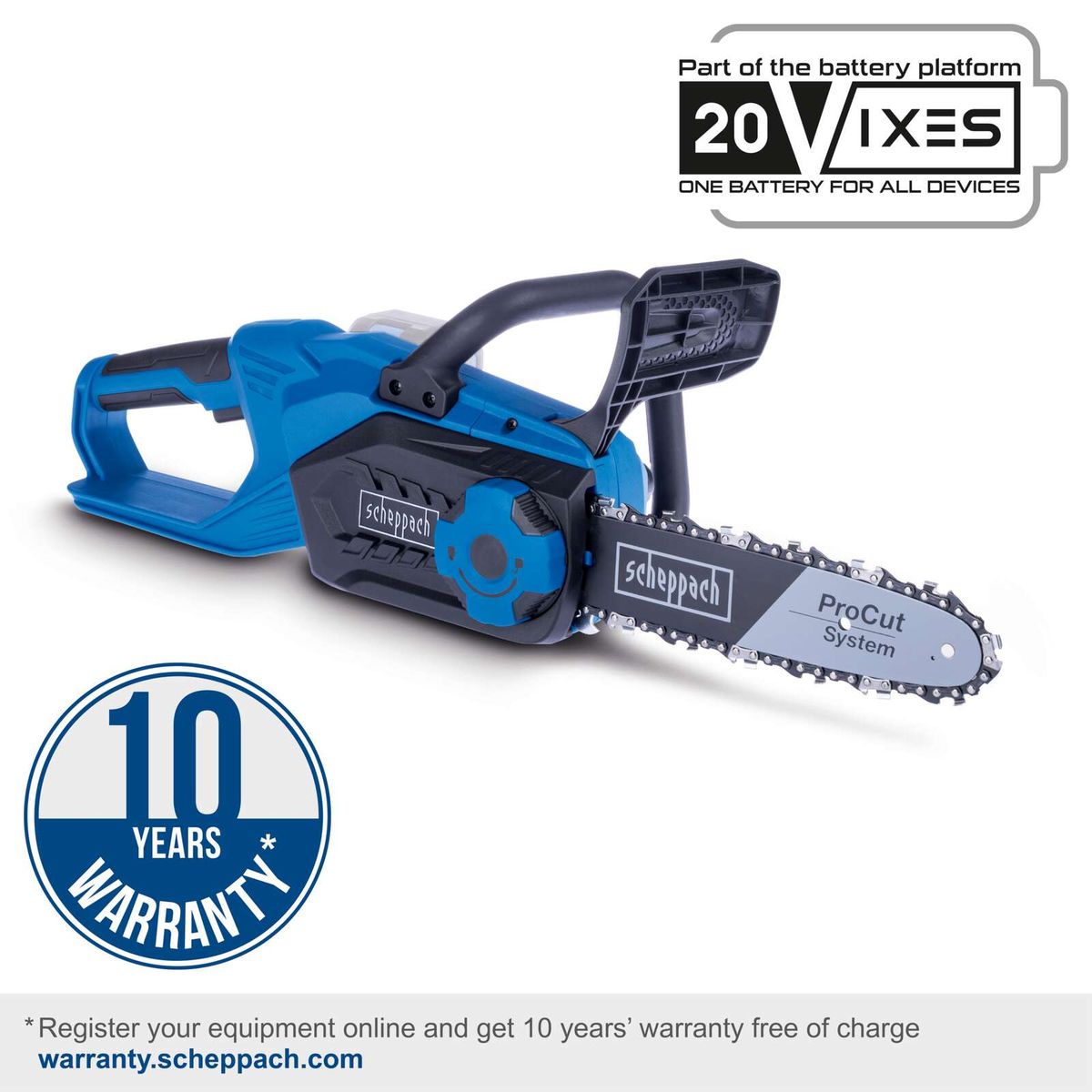 Scheppach cordless chainsaw featuring 10-year warranty, ProCut system, and 20V battery platform