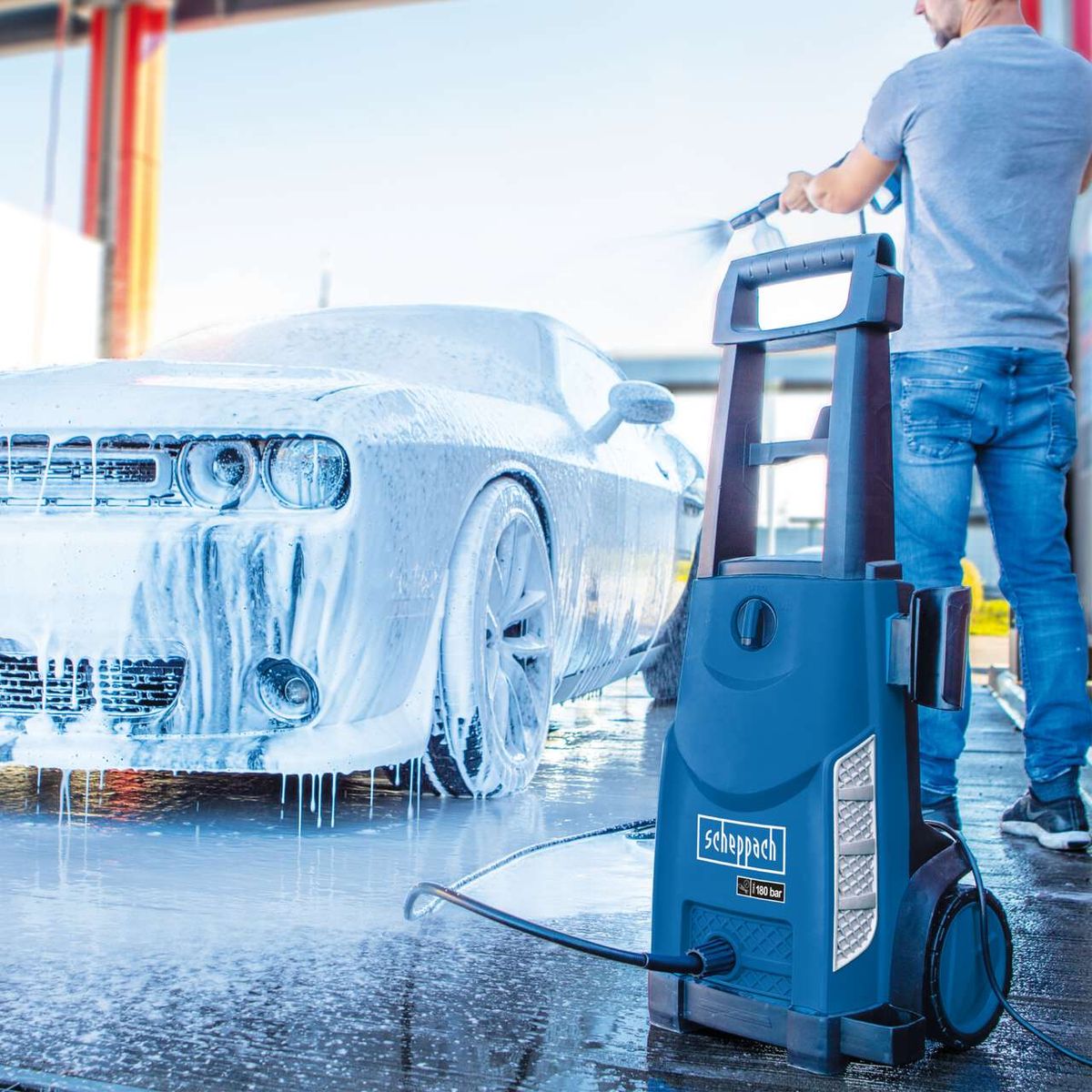 Scheppach high-pressure cleaner with hose and water jet for thorough cleaning, 180 bar pressure, 480 liters per hour flow rate