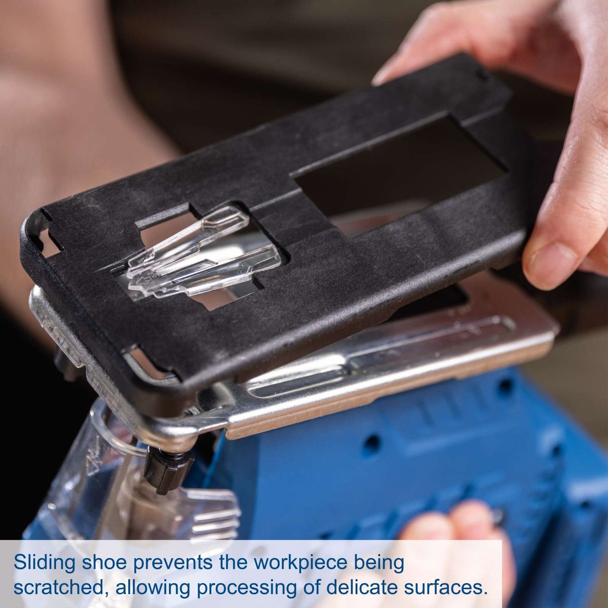 Sliding shoe prevents workpiece scratches, enabling delicate surface processing