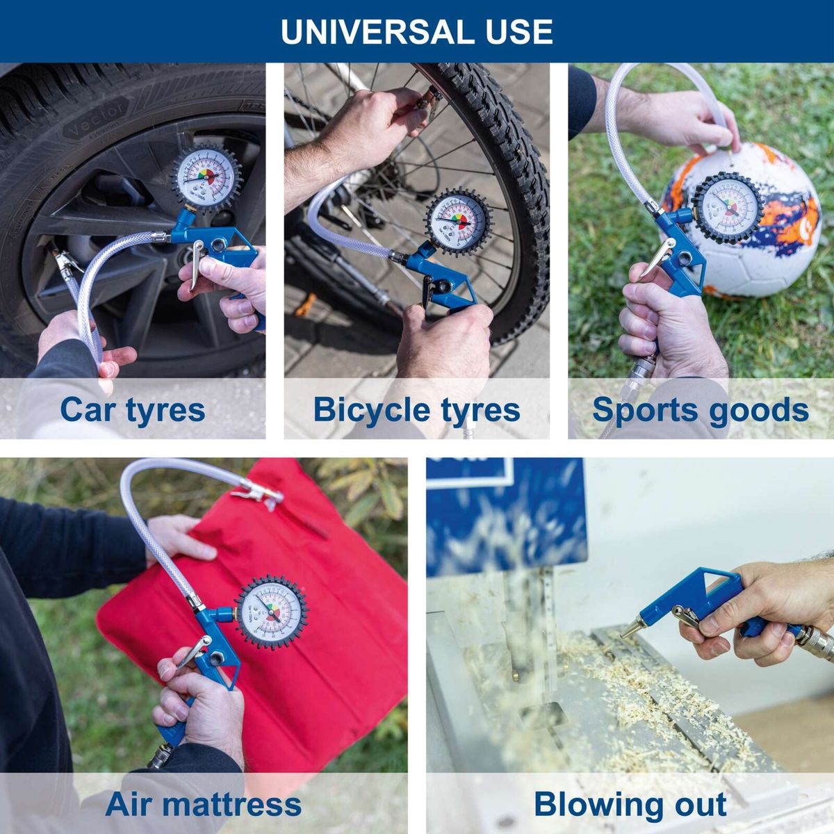 Portable air compressor with tire inflator and adapters for versatile use