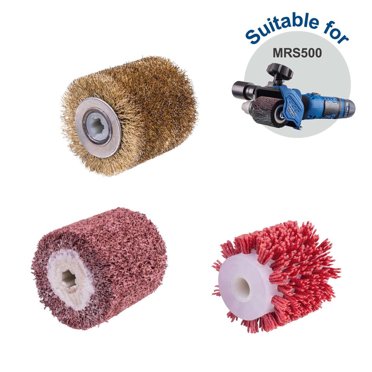 Universal round brush set for Scheppach MRS500 featuring three different brush heads