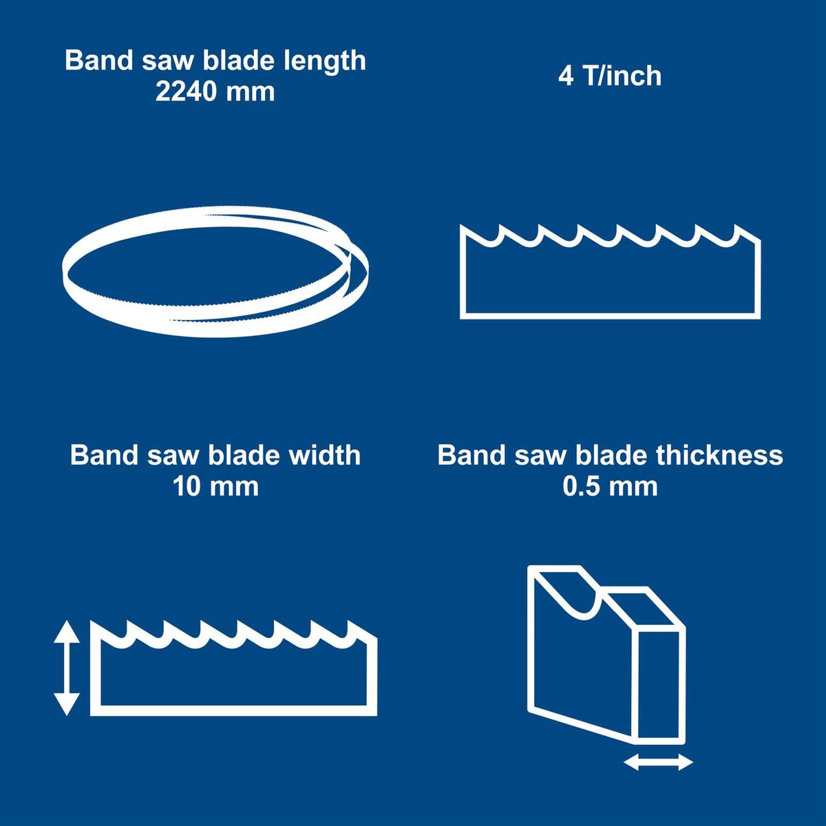 Band saw blade measuring 2240 mm in length, 10 mm wide, 0.5 mm thick, with 4 teeth per inch