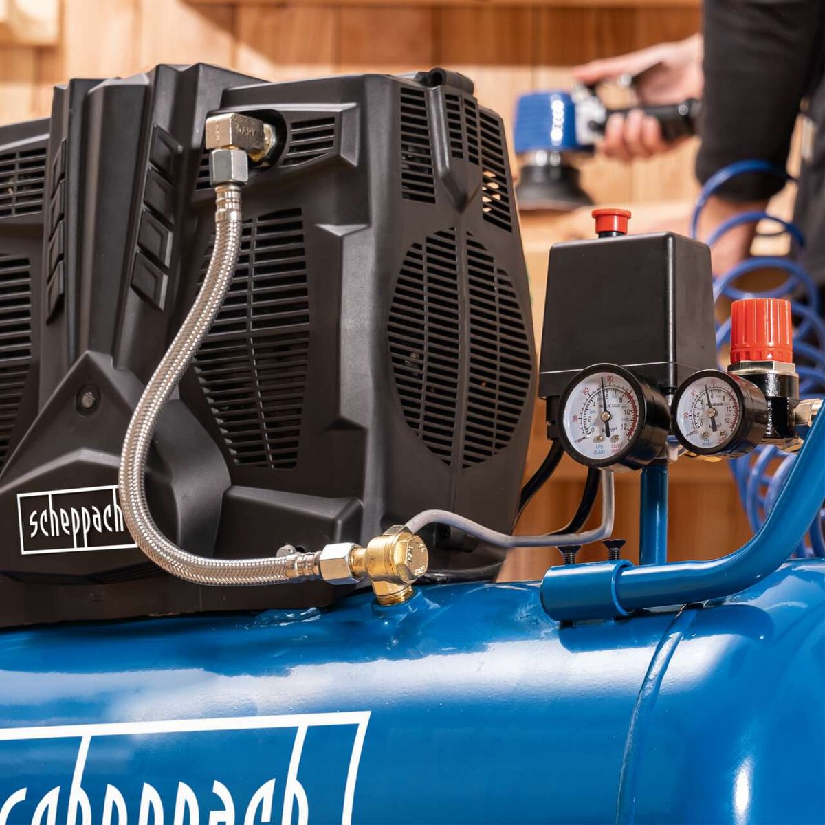 Compressor with pressure gauges and hoses for HC51Si Super Silent model (60 dB(A))