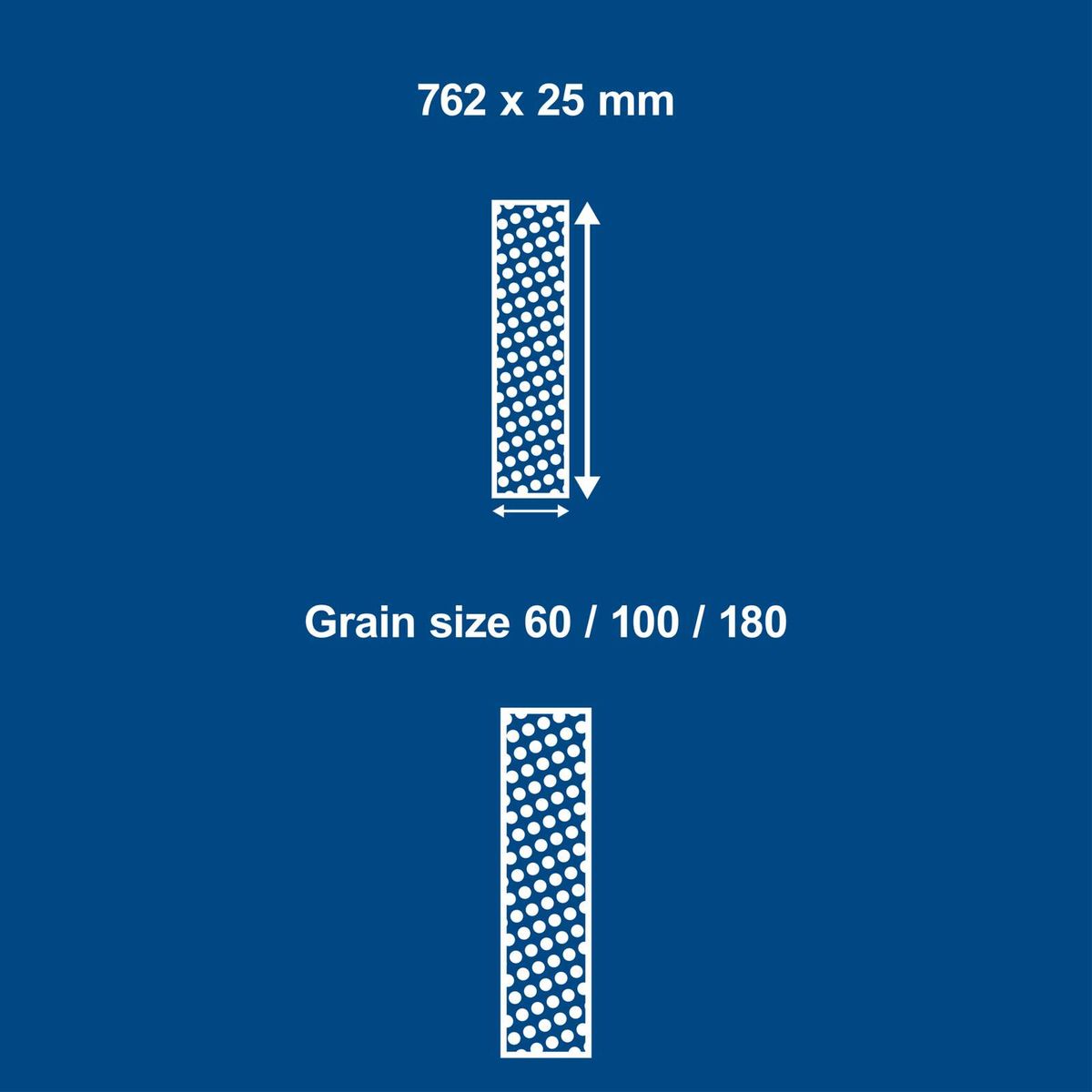 Product dimensions and grain sizes: 762mm x 25mm, with grain sizes 60/100/180