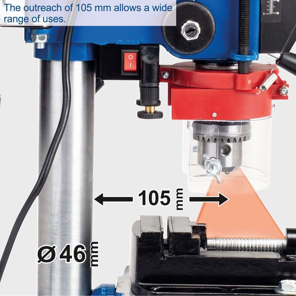 Drill machine details showing 105 mm reach and 46 mm drill bit diameter for accurate drilling