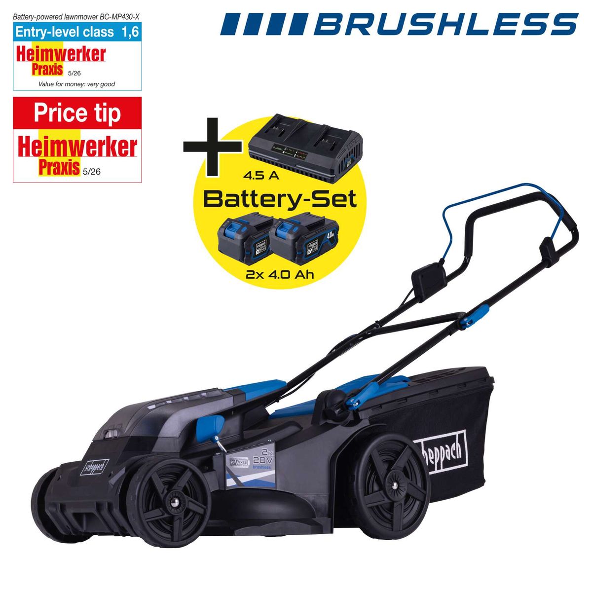 Scheppach cordless lawnmower with 2x 4Ah batteries and integrated charger set for 43 cm cutting width
