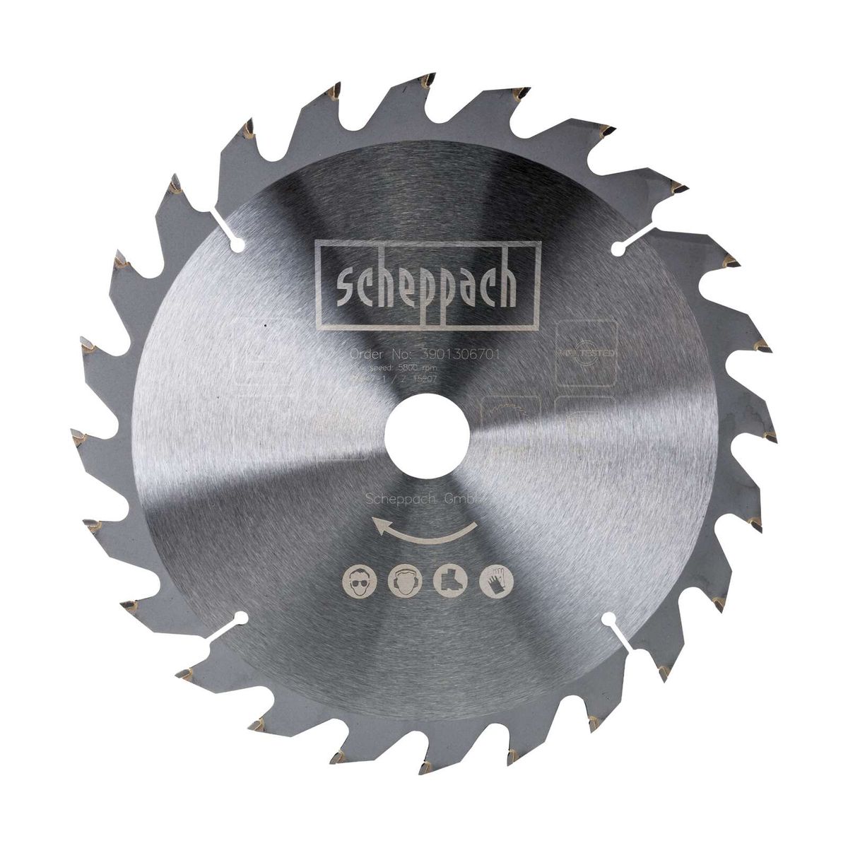 Scheppach circular saw blade with speed marking (5800 rpm), tested and directional arrow