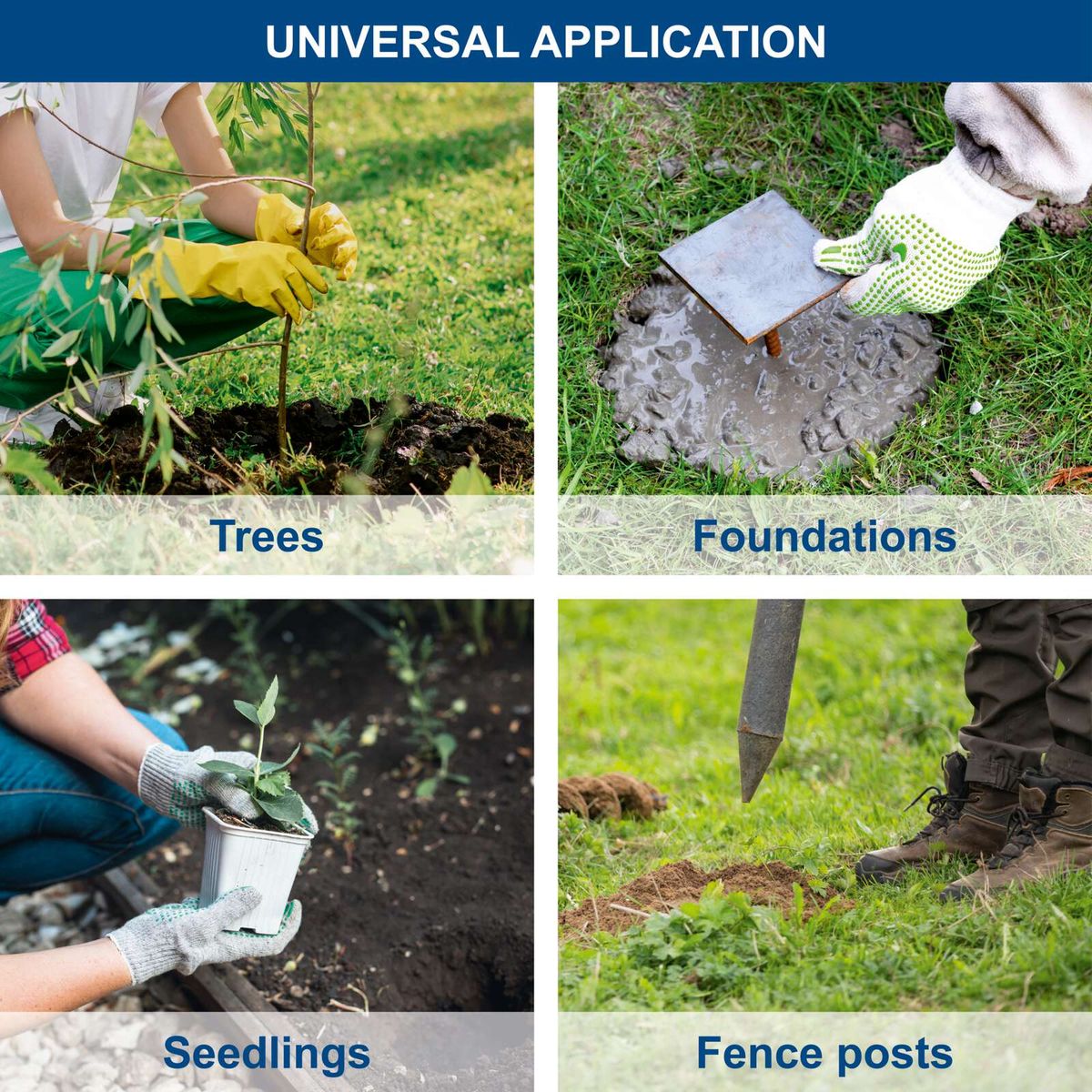 Key application illustrations for earth auger: Trees, foundations, seedlings, fence posts