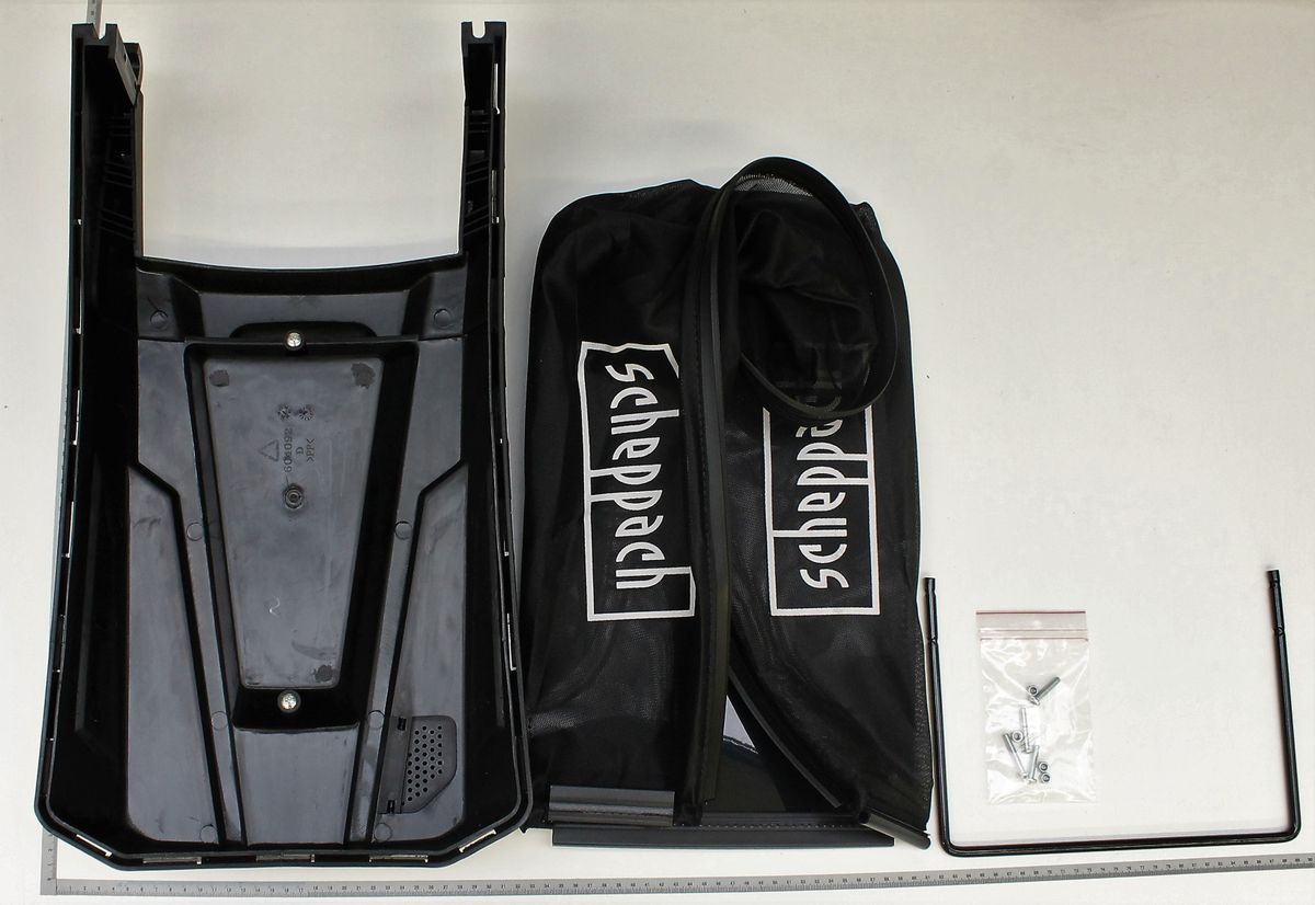 Catch basket set by Scheppach, including black net and holder, with screws and nuts. The parts are laid out on a light background.