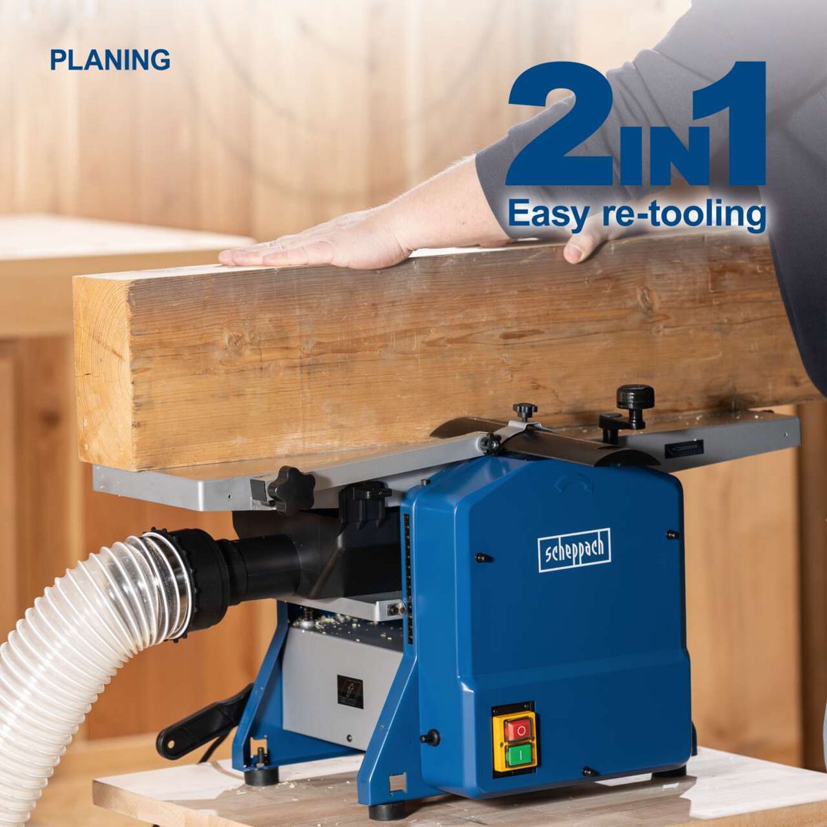 Scheppach planing/shaving machine with dual-use feature, featuring integrated dust extraction and height-adjustable hand crank