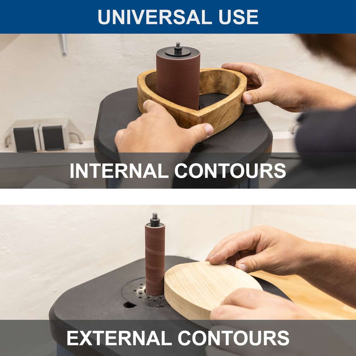 Oscillating spindle sander showing universal and internal contour features for woodworking