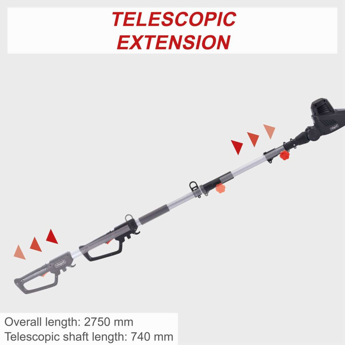 Electric telescopic hedge trimmer with extendable handle (overall length 2750 mm, telescopic shaft 740 mm)