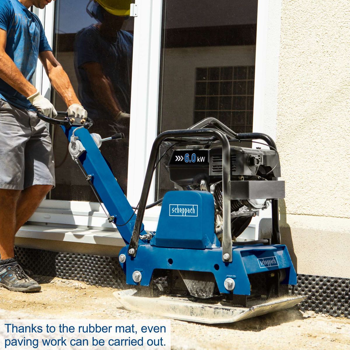 Scheppach diesel compacting plate with rubber mat for accurate compaction in roadwork