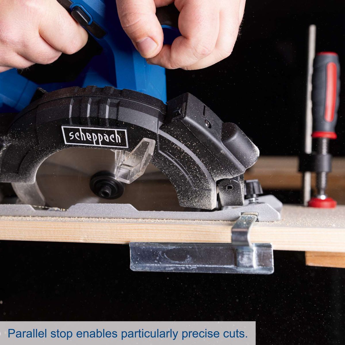 Parallel stop for precise cuts on Scheppach cordless circular saw