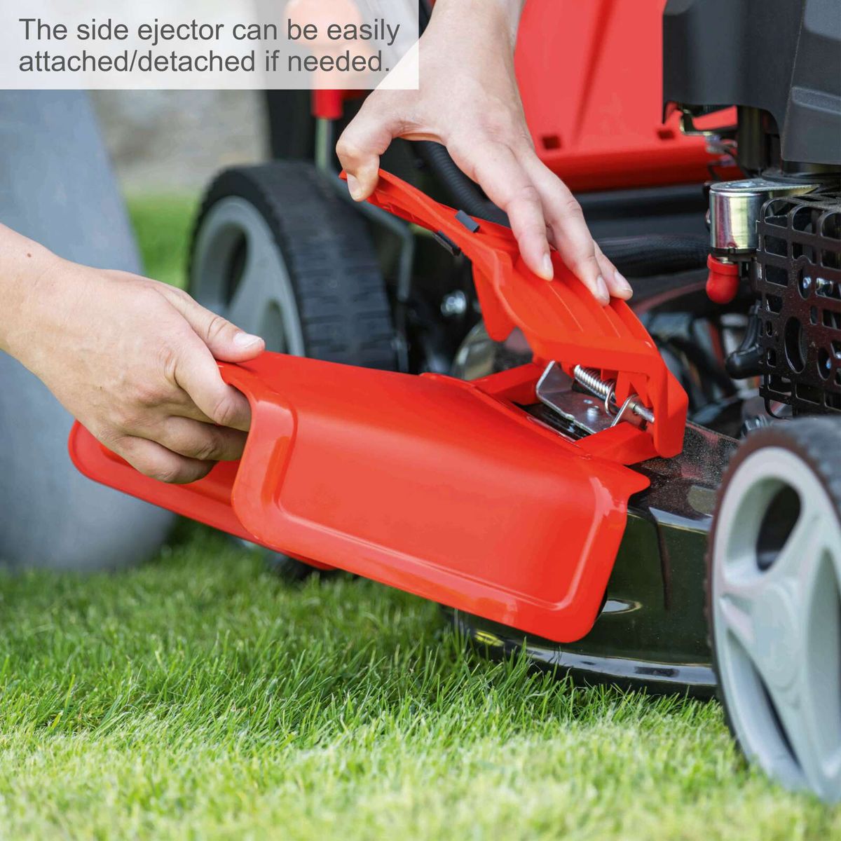 Side ejector bin of a lawnmower with visible detachable cover for easy emptying