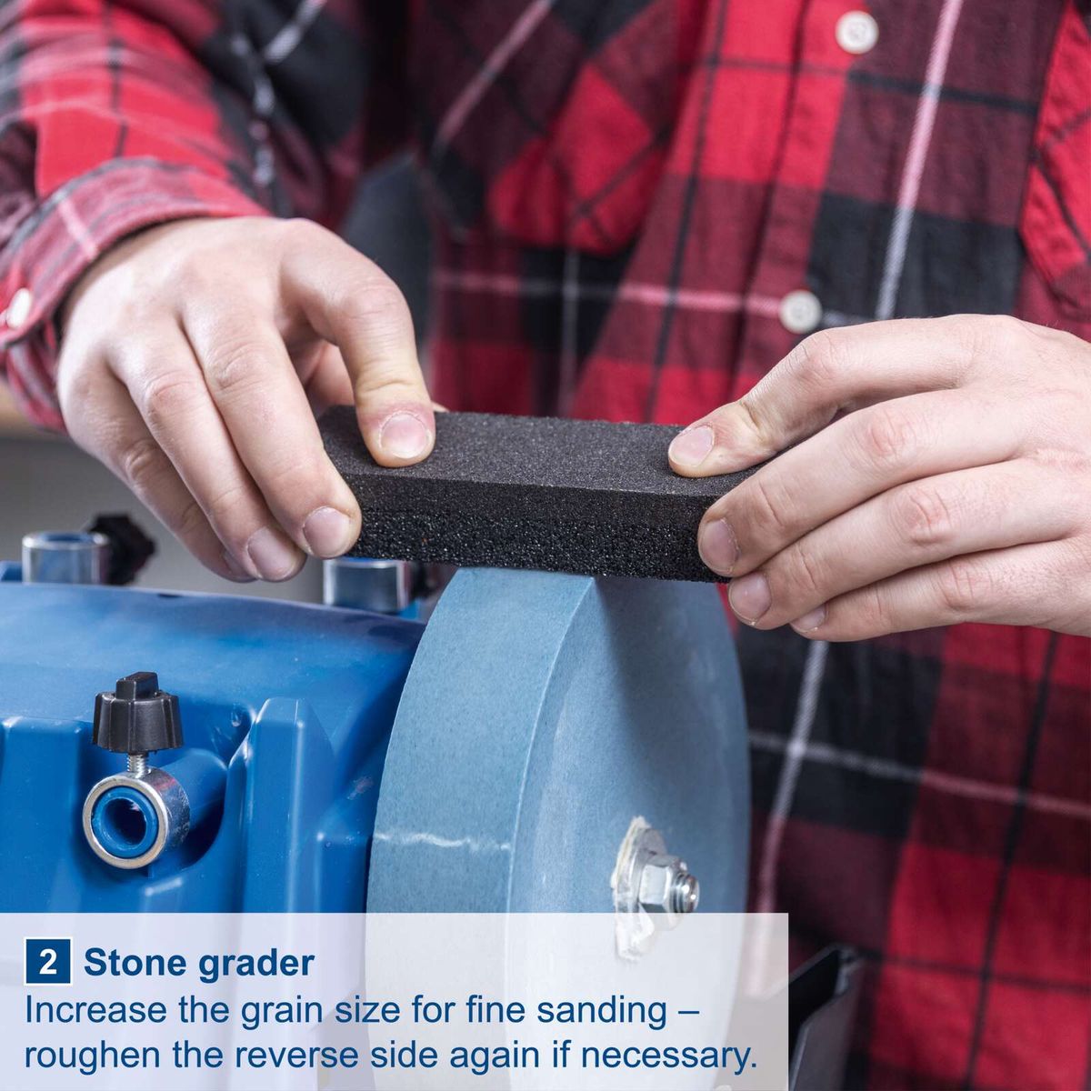 Scheppach stone grader showing fine sanding grain adjustment and reverse side roughening instructions