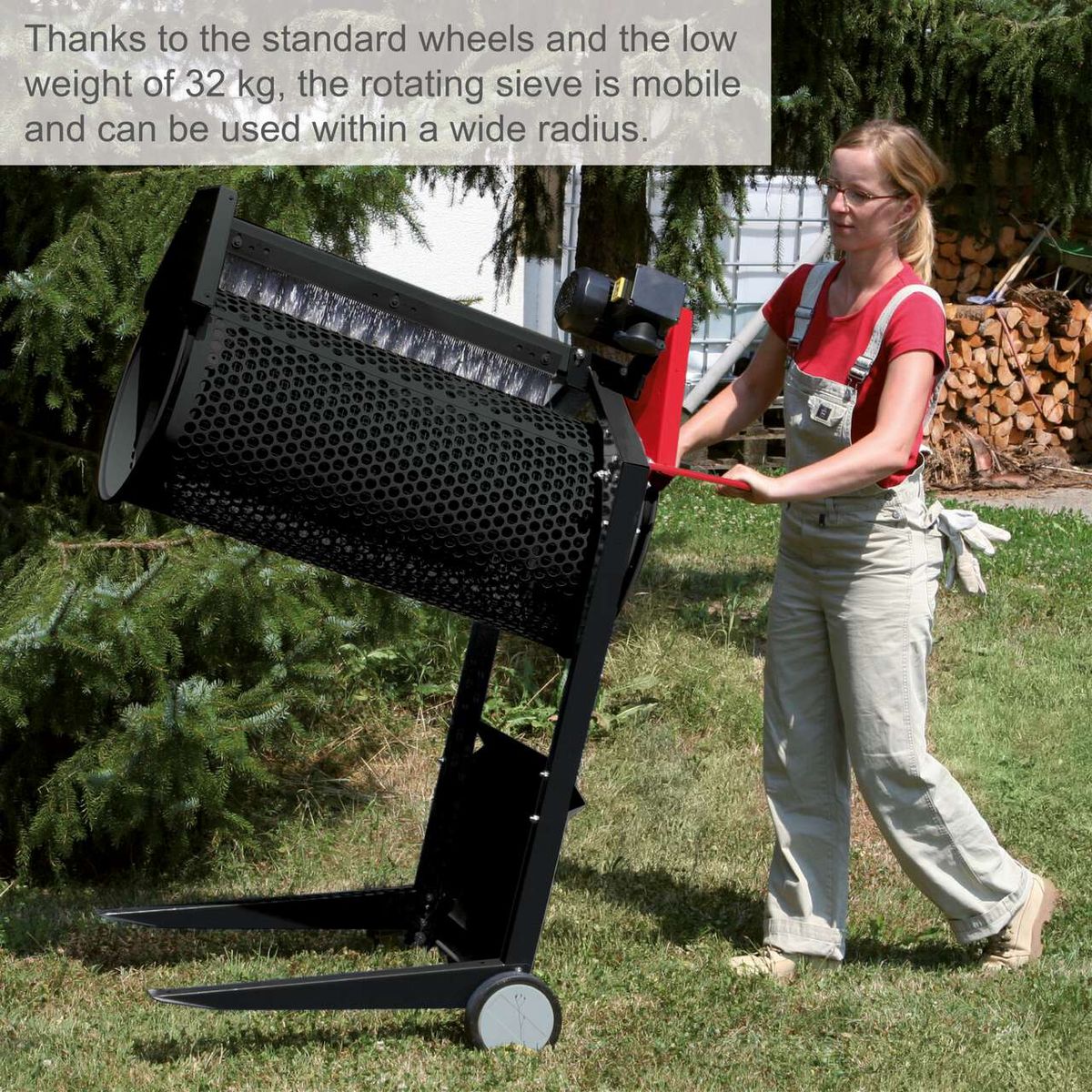 Scheppach RS400 roller sieve with adjustable drum, lightweight at 32 kg, equipped with wheels for mobility