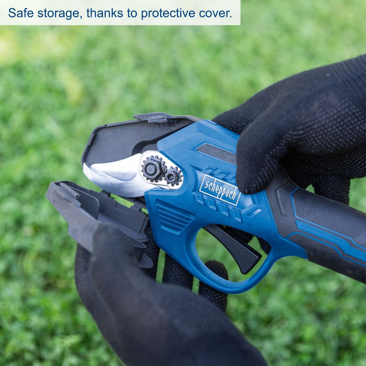 Scheppach cordless pruning shears with protective grip and automatic shut-off, featuring storage cover