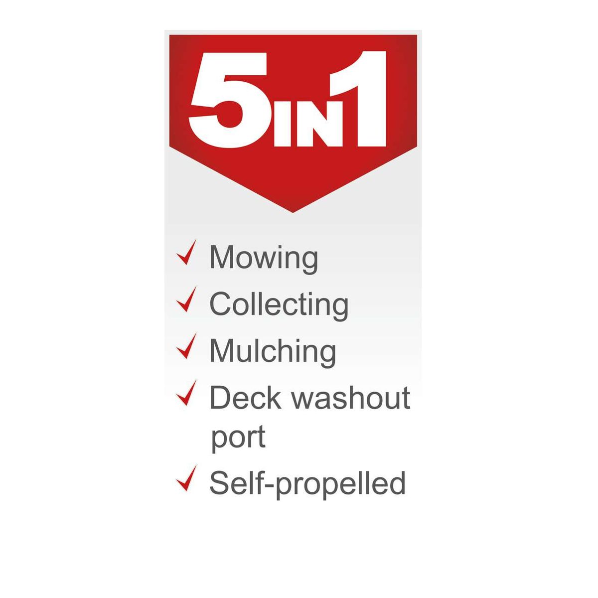 Self-propelled petrol lawn mower with washout deck and mulching feature